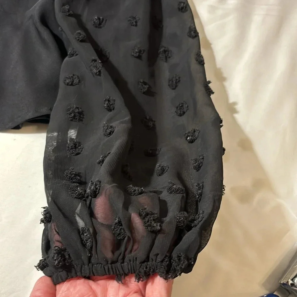 Peplum V-Neck Long Balloon Sleeve Swiss Dot Black Blouse - Picture 3 of 13